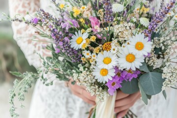 Boho Wildflower Arrangement with Lavender Accents. Floral Bouquet Background