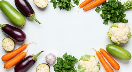 op view of ingredients with fruits, vegetables and seasoning with space for text