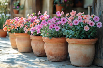 Obraz premium Row of potted flowers in full bloom.