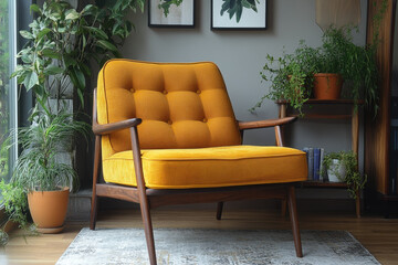 Yellow chair surrounded by plants in living room.
