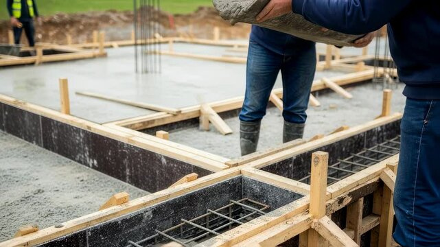 Man pouring cement from a trough into foundation formwork at a new construction building site footage.