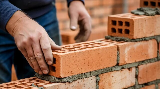 Man bricklayer building wall with brick and mortar during construction process, masonry work close up footage.