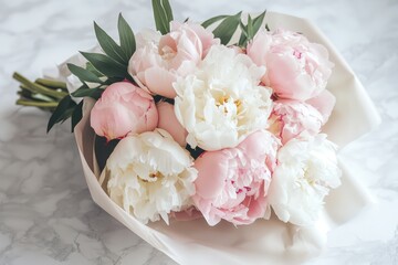 Peony Bouquet with Blush Pink and White Blooms. Floral Bouquet Background