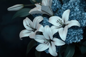 Blue Hydrangea and White Lily Bouquet with Timeless Floral Charm. Floral Bouquet Background