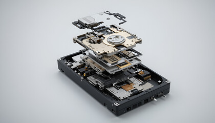Exploded view reveals the intricate layers of a hard drive, showcasing electronics, circuit boards, and data storage technology.