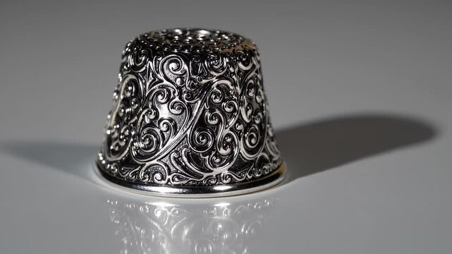 Ornate silver thimble rotating slowly on a white background, showcasing its intricate design and craftsmanship