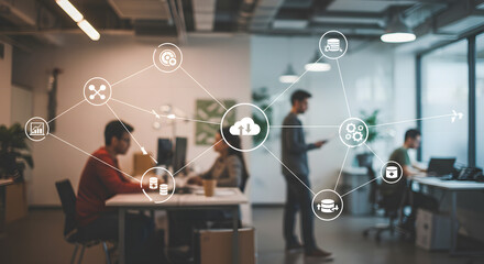 Modern Office Collaboration: A team of professionals collaborates in a modern, connected office space, utilizing cloud technology and networked systems.