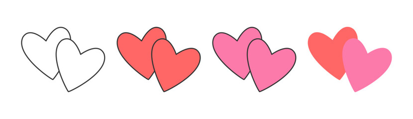 Set of cute double heart icons in outline, red, and pink styles – flat design love symbols perfect for Valentine’s Day, romantic decor, stickers, greeting cards, and wedding graphics.