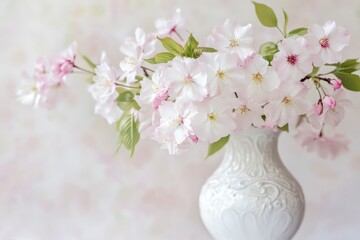 White Cherry Blossoms in a Classic Porcelain Vase . Bouquet Background