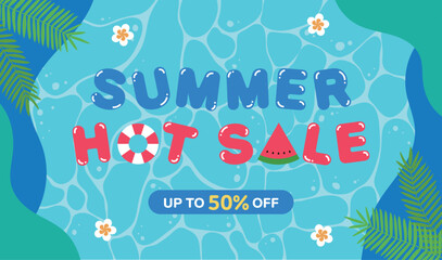 Tropical summer sale banner with palm trees, watermelon slices, flowers, tubes and pool water background, perfect for hot season promotions and digital marketing.