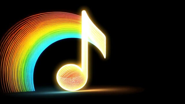 Glowing rainbow musical note on black background
