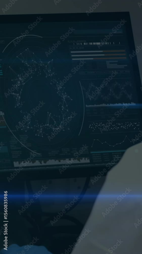 Poster animation of female scientist looking at computer screen with data processing