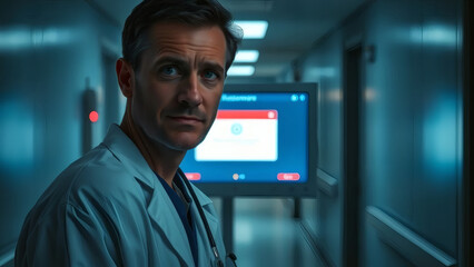 Focused doctor in hospital corridor, showcasing healthcare professional with scrubs and stethoscope in a modern medical environment, radiating trust and expertise.