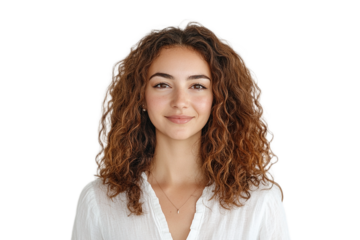 Portrait of smiling woman with curly brown hair