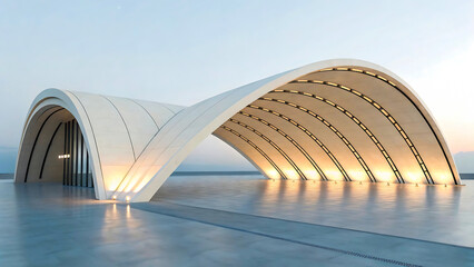 Obraz premium Futuristic Dome Architecture with Illuminated Curved Arches at Dusk. architecture, dome, futuristic, modern, curved
