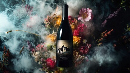 Elegant wine bottle surrounded by colorful flowers and smoke in a creative arrangement during a still life session