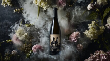 Elegant wine bottle surrounded by delicate flowers and mist in a creative display at a stylish event