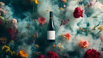 Vibrant floral arrangement with wine bottle surrounded by swirling fog creates a captivating visual experience