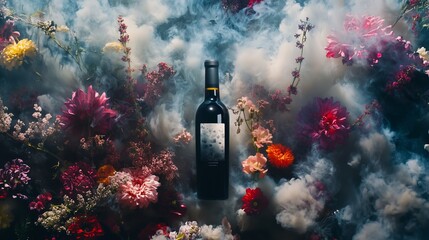 Colorful floral arrangement surrounds a wine bottle, creating a vibrant and artistic display during a creative photoshoot