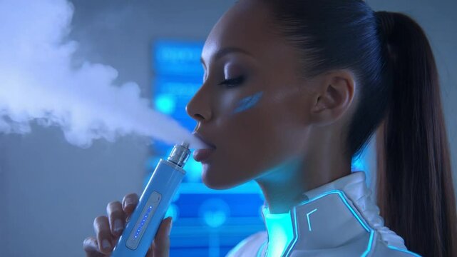A woman exhales vapor from a futuristic device, showcasing a sleek design and glowing accents. Her hair is pulled back, and futuristic visuals are behind her
