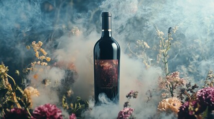 Bottle of red wine surrounded by flowers and mist creating an artistic and atmospheric display