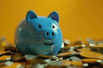 Blue Piggy Bank Surrounded by Coins on Yellow Background