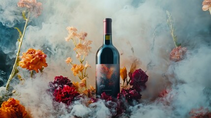 Red wine bottle surrounded by vibrant flowers and smoke creating an artistic display in a captivating atmosphere