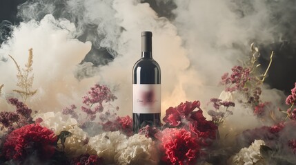 Elegant wine bottle surrounded by colorful flowers and soft smoke creates a dramatic atmosphere for a special occasion