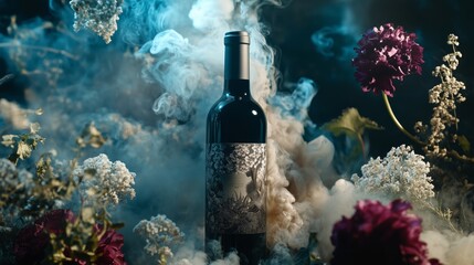 Exotic wine bottle surrounded by flowers and mist in a dramatic setting