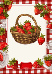 Strawberries in wicker basket on red checkered tablecloth background  