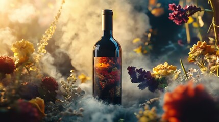 Beautiful wine bottle surrounded by colorful flowers and mist in a serene garden setting during sunset