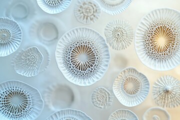 Microscopic view of intricate, circular, organic structures resembling cellular or fungal formations.