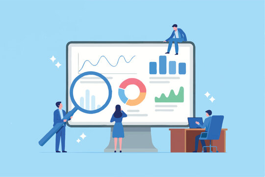 Flat cartoon vector illustration of business people analyzing data on a computer screen isolated on transparent background