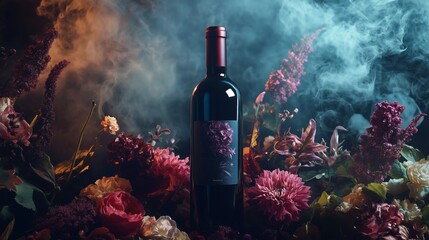 Creative bottle of red wine surrounded by colorful flowers and fog in a dramatic setting during a stylized photoshoot