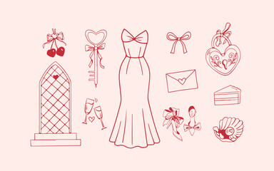Wedding doodle icon set. Romantic hand drawn love elements in red and pink for cards and packaging. Vector illustration