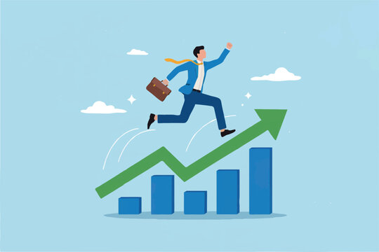 Businessman running up a growth chart isolated on transparent background