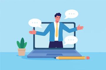 Man presenting online with chat bubbles isolated on transparent background