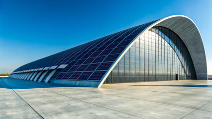 Modern Solar-Powered Arched Building, Futuristic Sustainable Architecture Design. architecture, futuristic, solar, modern, building
