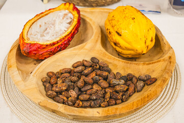 Presentation of dried or fermented cacao beans, a cacao fruit with raw nibs, and a whole cacao...