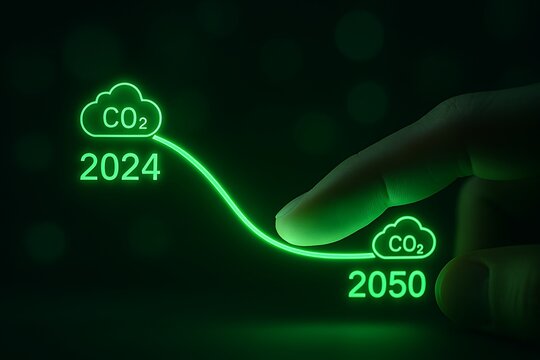Finger touches glowing green line connecting carbon dioxide clouds touching