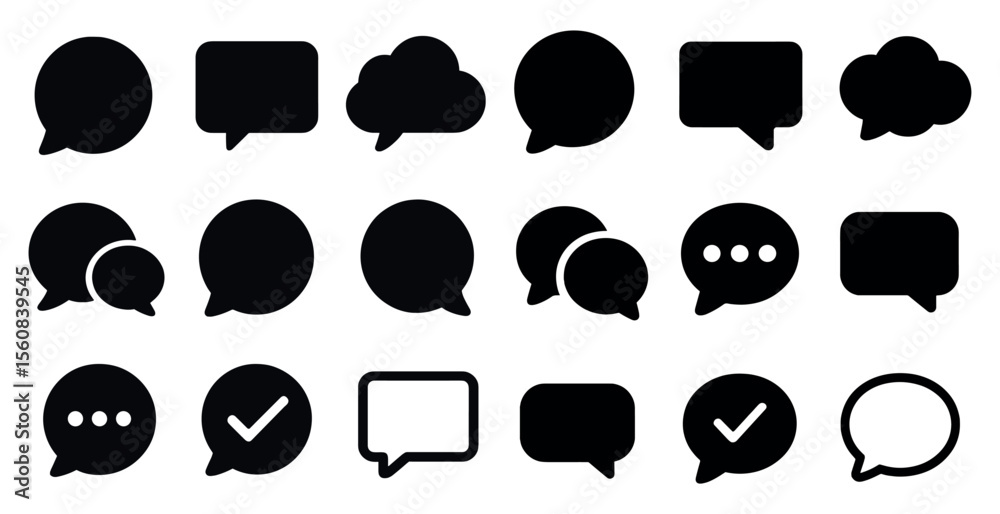 Fototapete collection of black and white icons for various types of conversations. the icons include a check ma