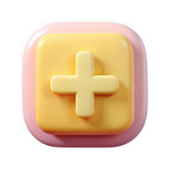 Obraz premium 3d rendered yellow plus symbol on a rounded square button isolated on transparent background
