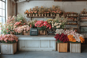 Flower shop with abundant colorful flowers displayed.
