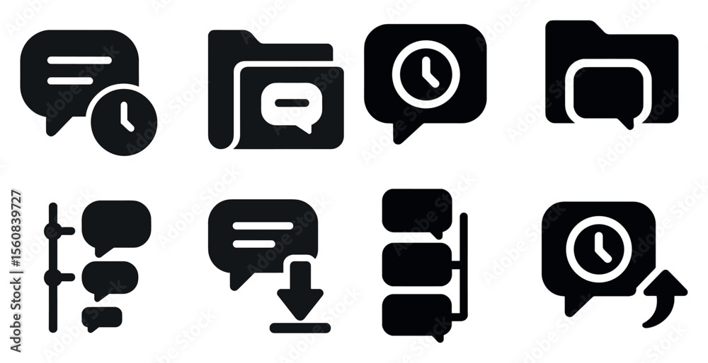 Fototapete Set of icons for various communication apps, including a clock and a file folder. The icons are all black and white