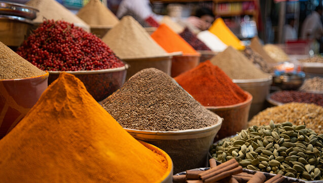 Various spices are arranged in bowls at a vibrant market. The warm colors of turmeric, chili powder, and brown cumin create an inviting atmosphere for shoppers exploring their culinary options