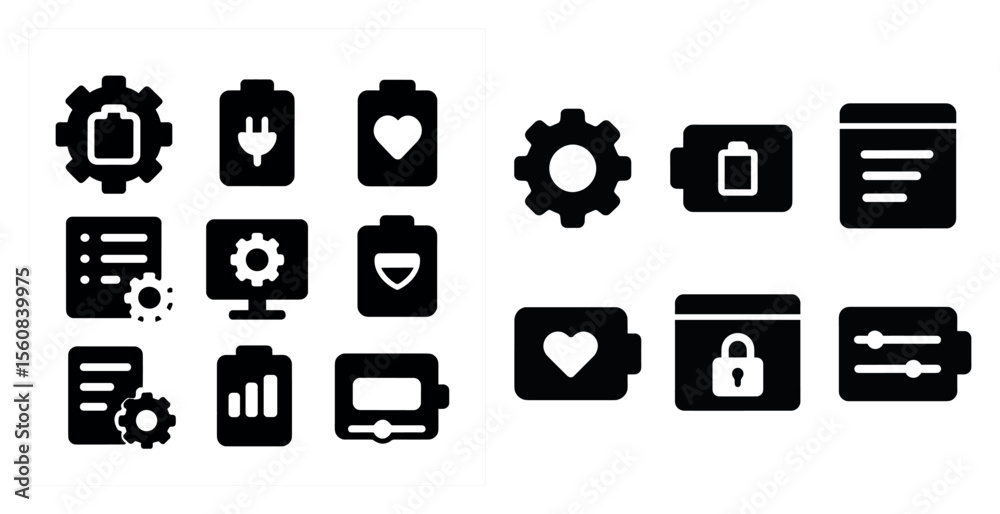 Fototapete Set of icons for a computer program. The icons include a gear, a heart, a battery, a keyboard, a mouse, a window, a scroll wheel, a menu, and a clock