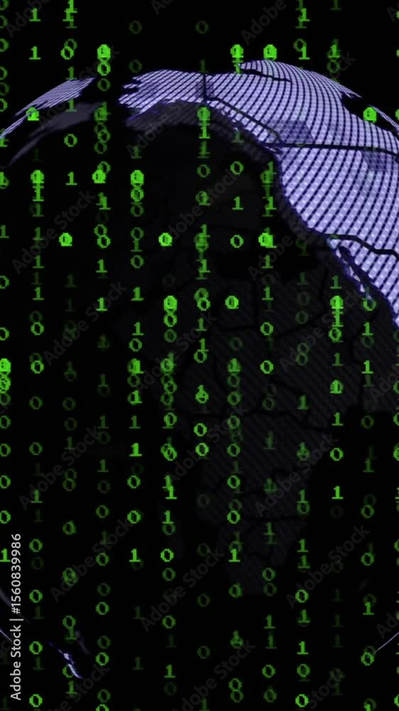 Poster animation of data processing and globe on black background