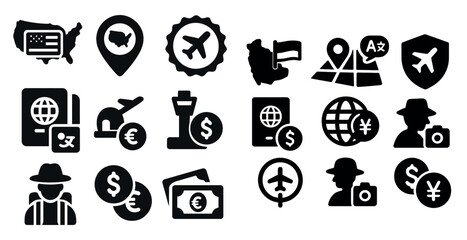 Collection of icons for travel and money. The icons include a man with a suitcase, a man with a camera, a man with a hat, a man with a wallet, a man with a passport, a man with a suitcase