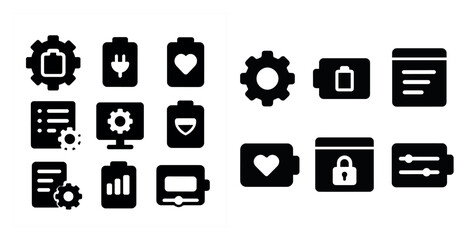 Set of icons for a computer program. The icons include a gear, a heart, a battery, a keyboard, a mouse, a window, a scroll wheel, a menu, and a clock