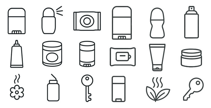 Set of icons for various personal care products, including a toothbrush, a bottle of lotion, and a can of deodorant